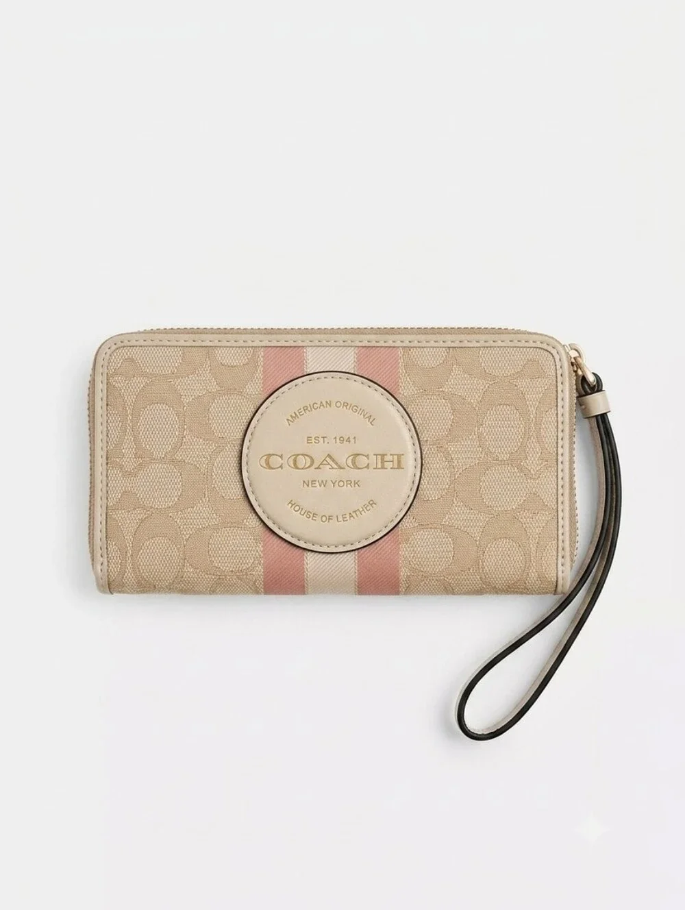 Coach Dempsey Beige and Pink Signature Zip Wallet With Leather Logo Patch